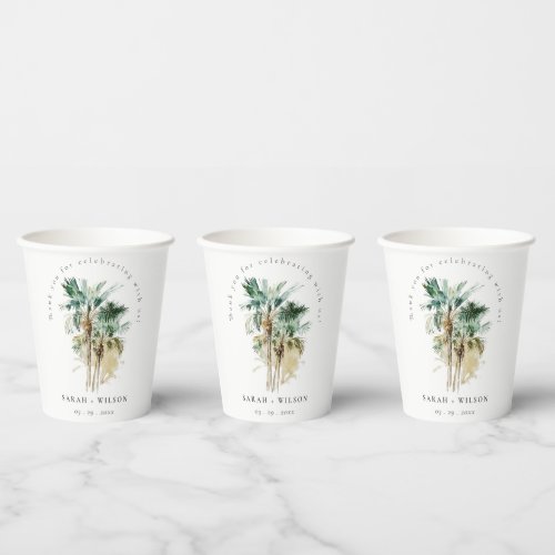 Elegant Tropical Watercolor Palm Trees Wedding Paper Cups