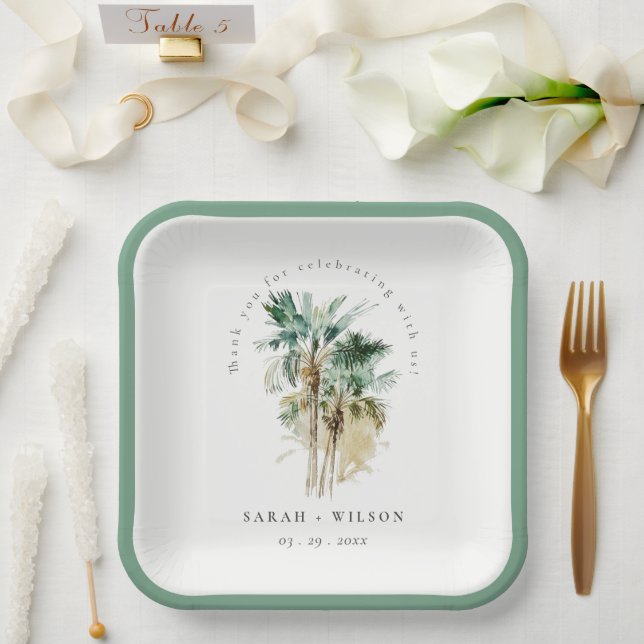 Elegant Tropical Watercolor Palm Trees Wedding Paper Plates (Wedding)