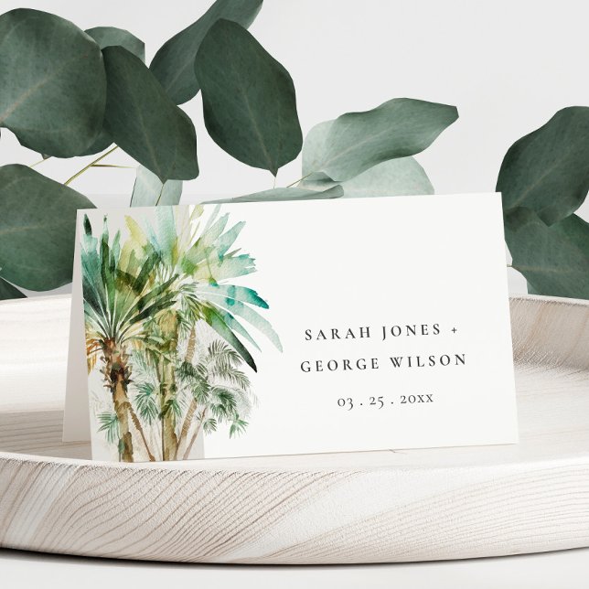 Elegant Tropical Watercolor Palm Trees Wedding Place Card (Creator Uploaded)