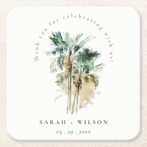 Elegant Tropical Watercolor Palm Trees Wedding Square Paper Coaster