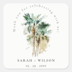 Elegant Tropical Watercolor Palm Trees Wedding Square Sticker
