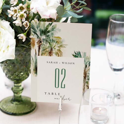 Elegant Tropical Watercolor Palm Trees Wedding Table Number