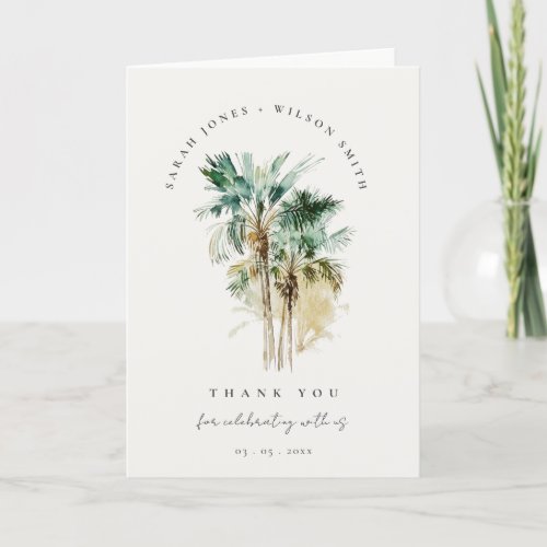 Elegant Tropical Watercolor Palm Trees Wedding Thank You Card