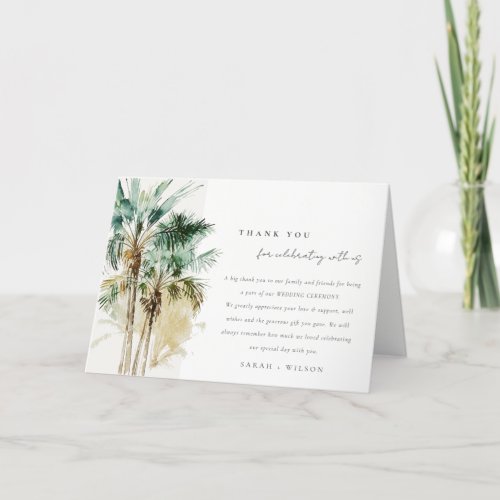 Elegant Tropical Watercolor Palm Trees Wedding Thank You Card