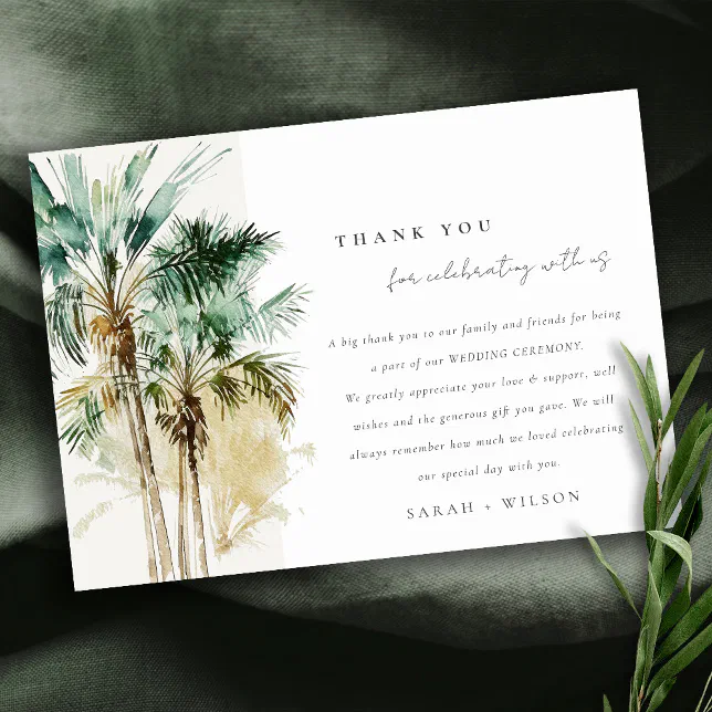 Elegant Tropical Watercolor Palm Trees Wedding Thank You Card | Zazzle
