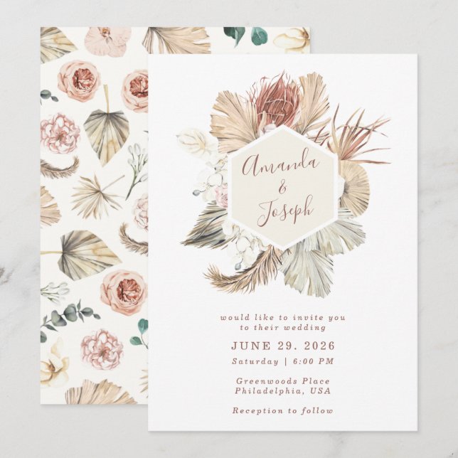 Elegant Tropical Watercolor Spring Floral Wedding Invitation (Front/Back)