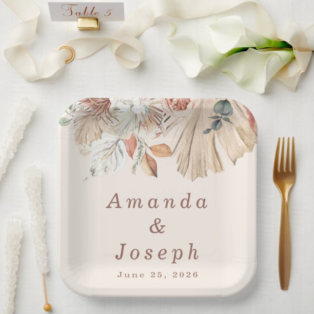 Elegant Tropical Watercolor Spring Floral Wedding Paper Plates (Wedding)