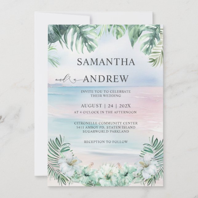 Elegant Tropical Wedding Watercolor Invitation (Front)