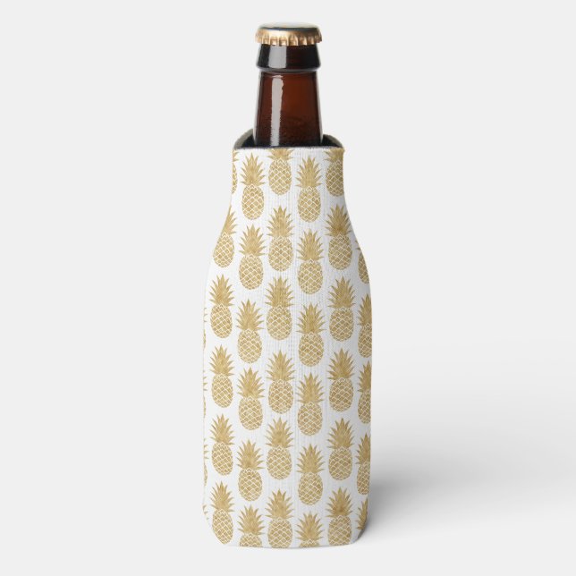Elegant Tropical White Gold Pineapple Pattern Bottle Cooler (Bottle Front)