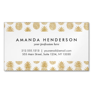 Elegant Tropical White Gold Pineapple Pattern Business Card Magnet
