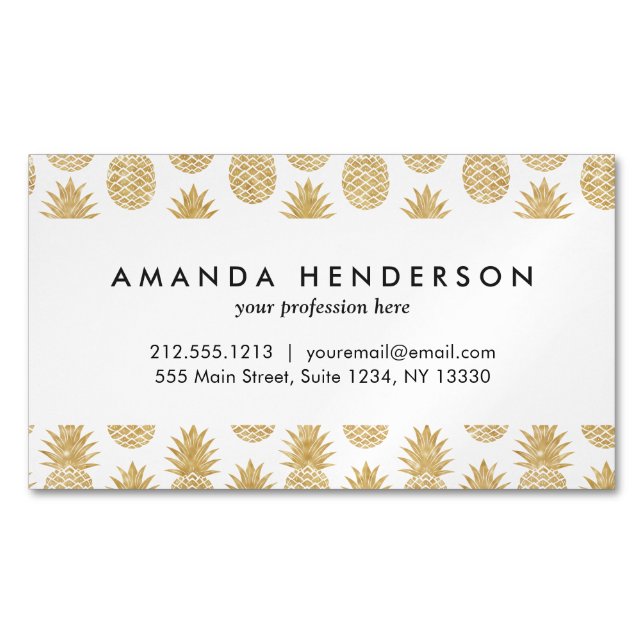 Elegant Tropical White Gold Pineapple Pattern Business Card Magnet (Front)