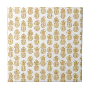Elegant Tropical White Gold Pineapple Pattern Ceramic Tile