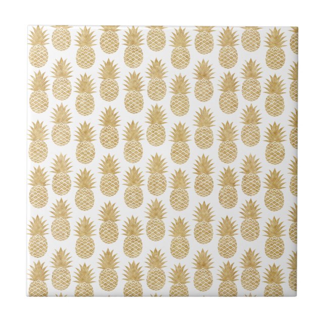 Elegant Tropical White Gold Pineapple Pattern Ceramic Tile (Front)