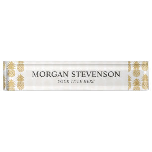 Elegant Tropical White Gold Pineapple Pattern Desk Name Plate