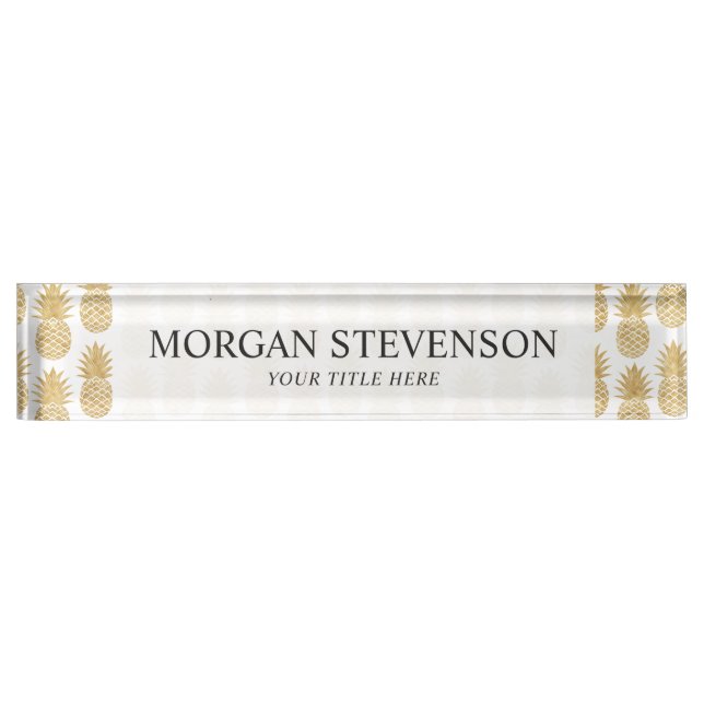 Elegant Tropical White Gold Pineapple Pattern Desk Name Plate (Front)