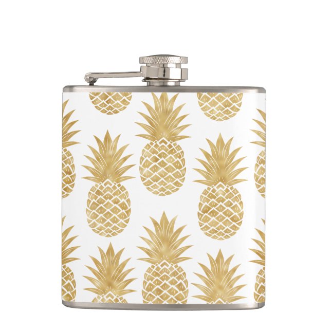 Elegant Tropical White Gold Pineapple Pattern Flask (Front)