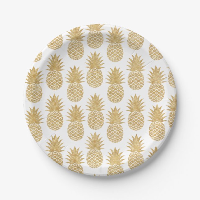Elegant Tropical White Gold Pineapple Pattern Paper Plates (Front)