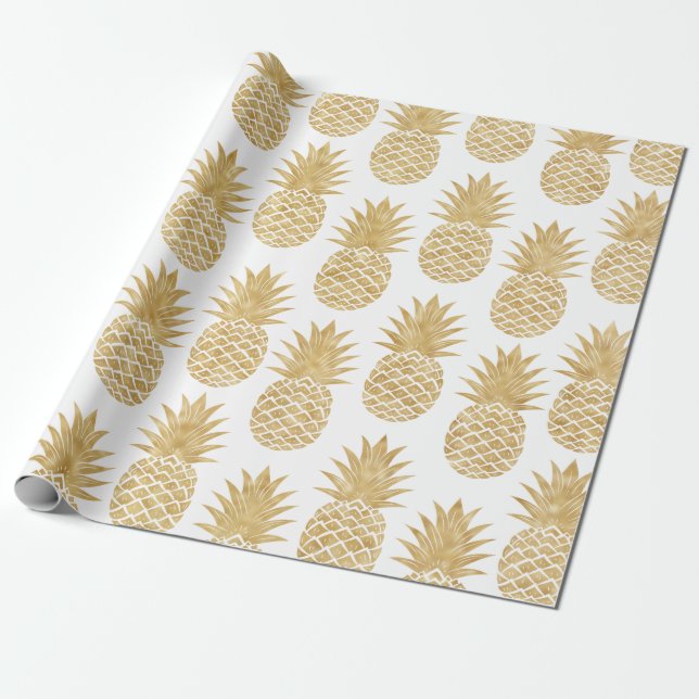 Elegant Tropical White Gold Pineapple Pattern Wrapping Paper (Unrolled)