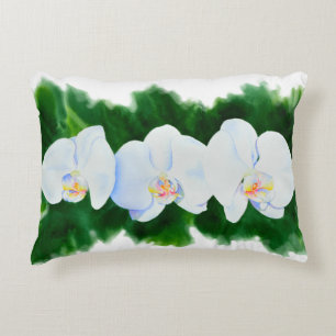 Elegant tropical white watercolor orchid painting  accent pillow