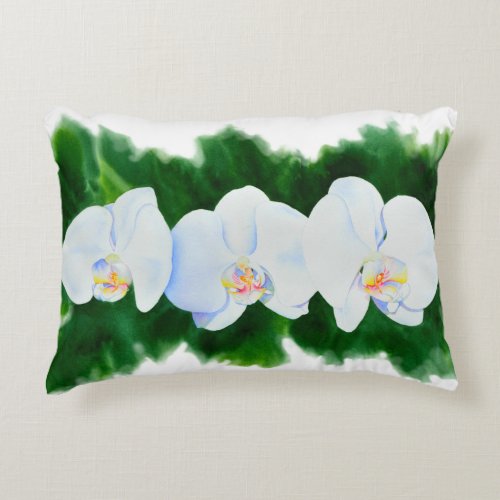 Elegant tropical white watercolor orchid painting  accent pillow