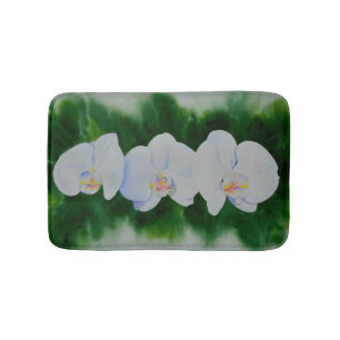 Elegant tropical white watercolor orchid painting bathroom mat