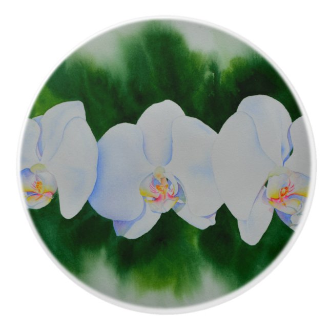 Elegant tropical white watercolor orchid painting  ceramic knob (Front)