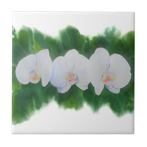Elegant tropical white watercolor orchid painting  ceramic tile