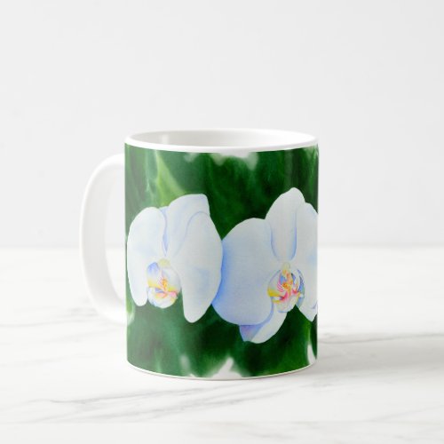 Elegant tropical white watercolor orchid painting  coffee mug