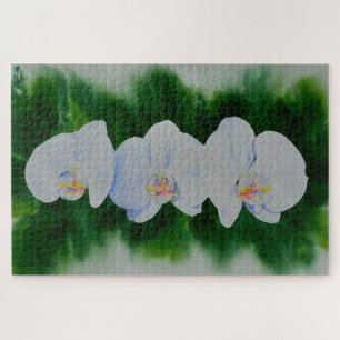 Elegant tropical white watercolor orchid painting jigsaw puzzle