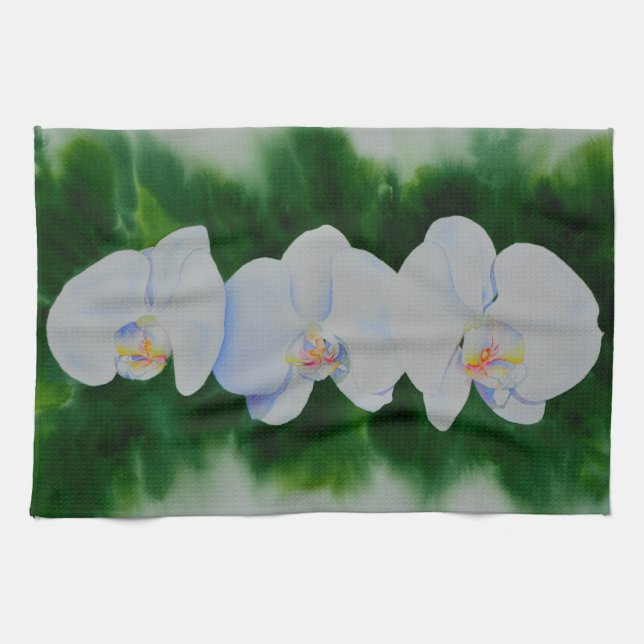Elegant tropical white watercolor orchid painting  kitchen towel (Horizontal)