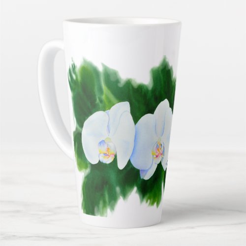 Elegant tropical white watercolor orchid painting  latte mug