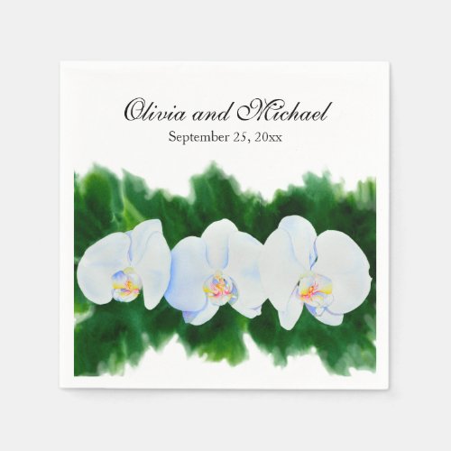 Elegant tropical white watercolor orchid painting  napkins