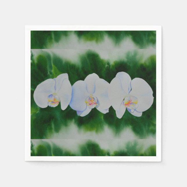 Elegant tropical white watercolor orchid painting  paper napkins (Front)