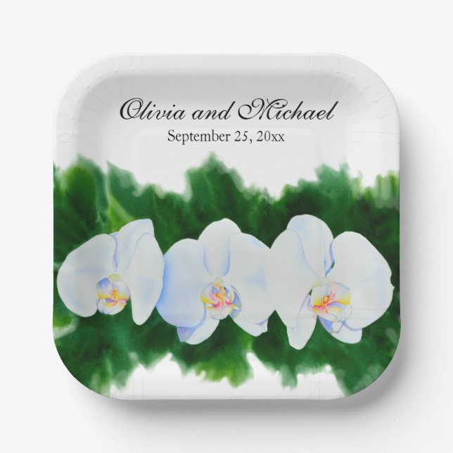Elegant tropical white watercolor orchid painting  paper plates (Front)
