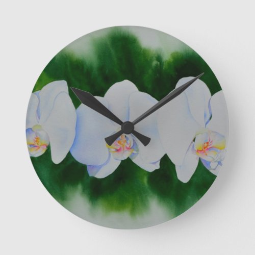 Elegant tropical white watercolor orchid painting  round clock