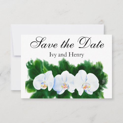 Elegant tropical white watercolor orchid painting  save the date