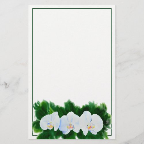 Elegant tropical white watercolor orchid painting  stationery