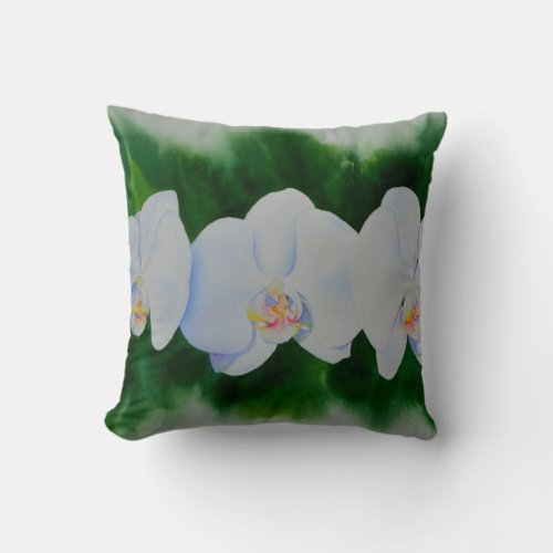 Elegant tropical white watercolor orchid painting  throw pillow