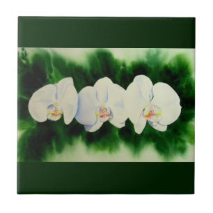 Elegant tropical white watercolor orchid painting tile
