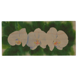 Elegant tropical white watercolor orchid painting  wood flash drive
