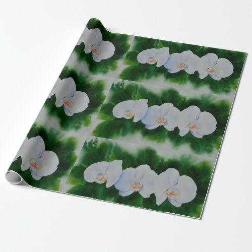 Elegant tropical white watercolor orchid painting  wrapping paper