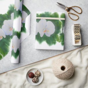 Elegant tropical white watercolor orchid painting wrapping paper