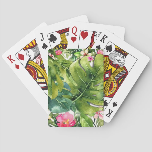 Elegant Tropics Green Leaves Floral Watercolor Poker Cards (Back)