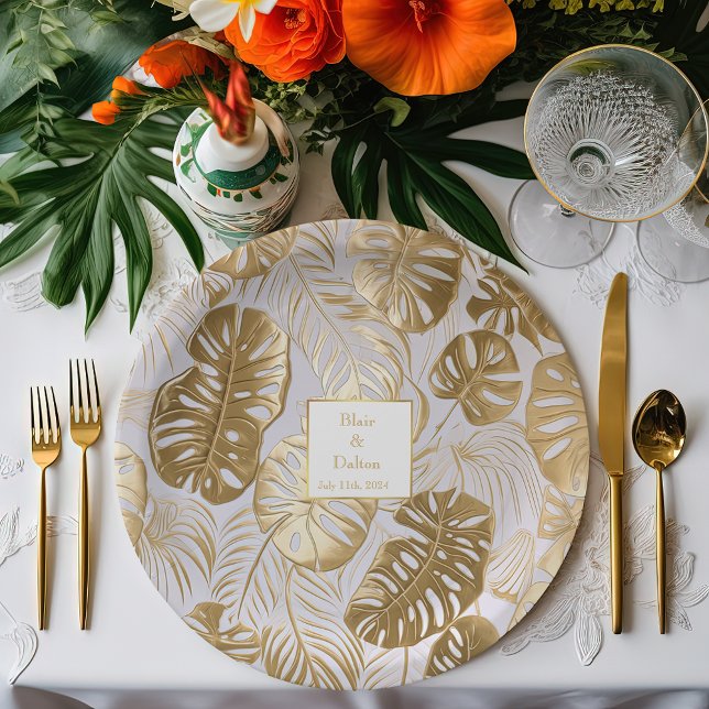 Elegant Tropics Monstera Gilded Gold Wedding Paper Plates (Creator Uploaded)