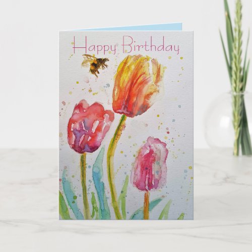 Elegant Tulip and Bee Watercolour Birthday Card