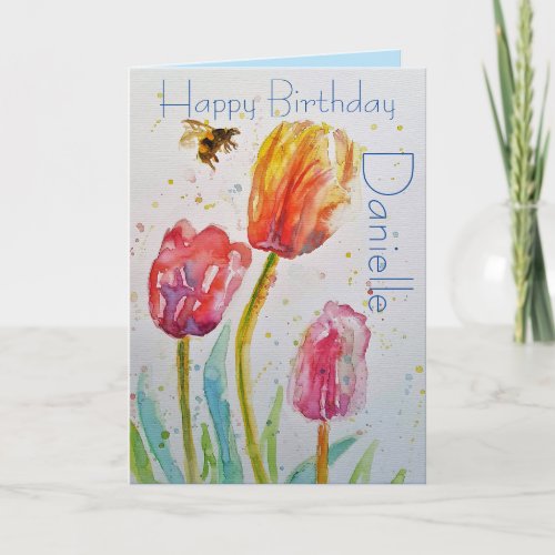 Elegant Tulip and Bee Watercolour Birthday Card
