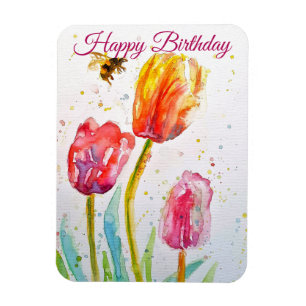 Elegant Tulip and Bee Watercolour Birthday Card Magnet