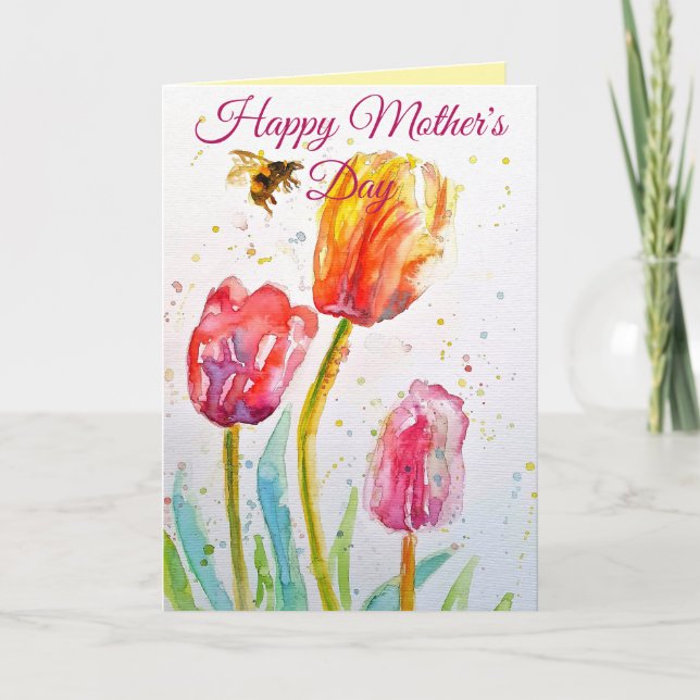 Elegant Tulip and Bee Watercolour Mothers Day Card (Front)