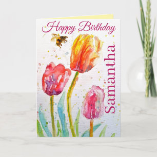Elegant Tulip and Bee Watercolour Womans Name Card