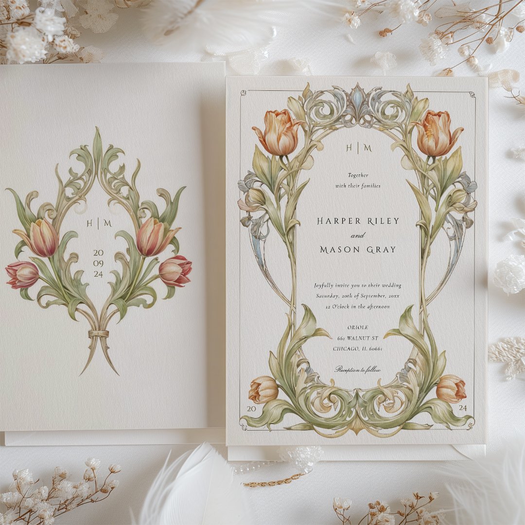 Elegant Tulip Art Nouveau Wedding Invitation